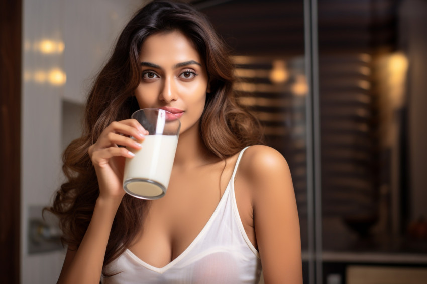 A photo of a beautiful young Indian woman drinking milk at home A photo of a beautiful young Indian woman drinking milk at home