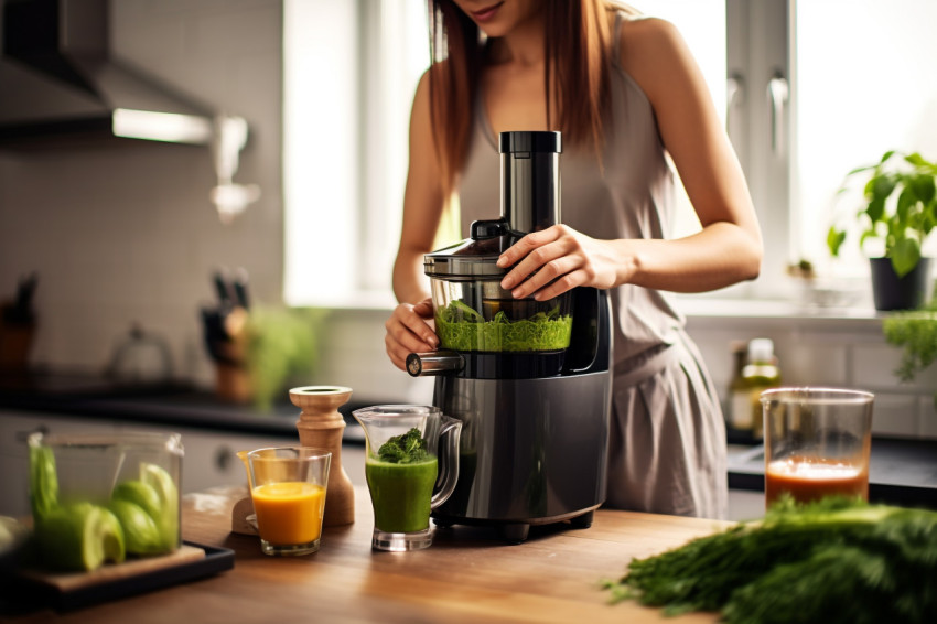 A picture of a woman using a juicer to make green juice in her k A picture of a woman using a juicer to make green juice in her k