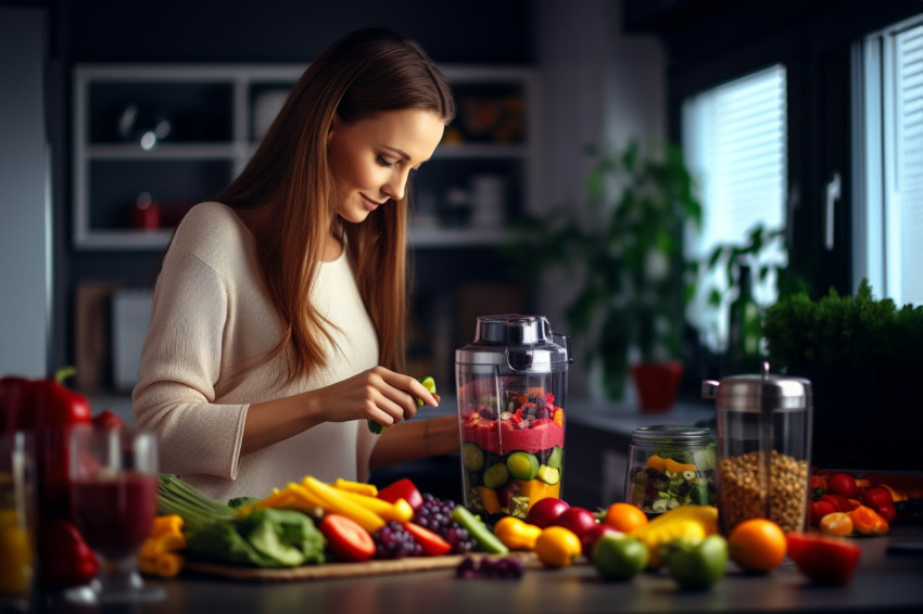 Picture of a pretty lady making fruit drinks with a blender Picture of a pretty lady making fruit drinks with a blender