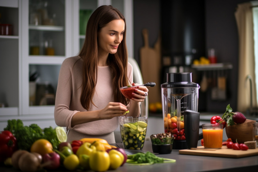 Picture of a pretty lady making fruit drinks with a blender Picture of a pretty lady making fruit drinks with a blender