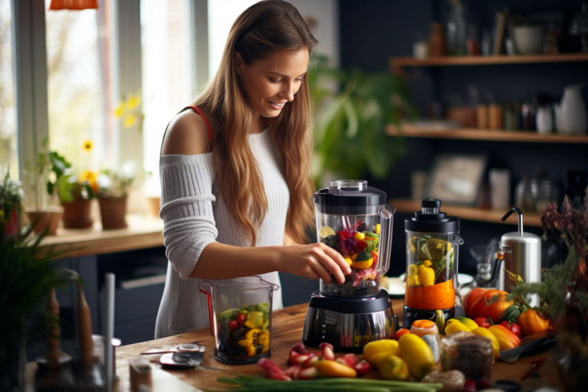 Picture of a pretty lady making fruit drinks with a blender Picture of a pretty lady making fruit drinks with a blender