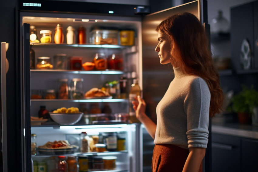 A picture of a young lady standing next to an open fridge in a k A picture of a young lady standing next to an open fridge in a k
