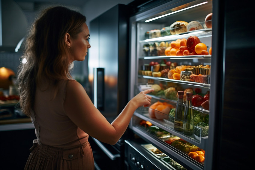 A picture of a young lady standing next to an open fridge in a k A picture of a young lady standing next to an open fridge in a k