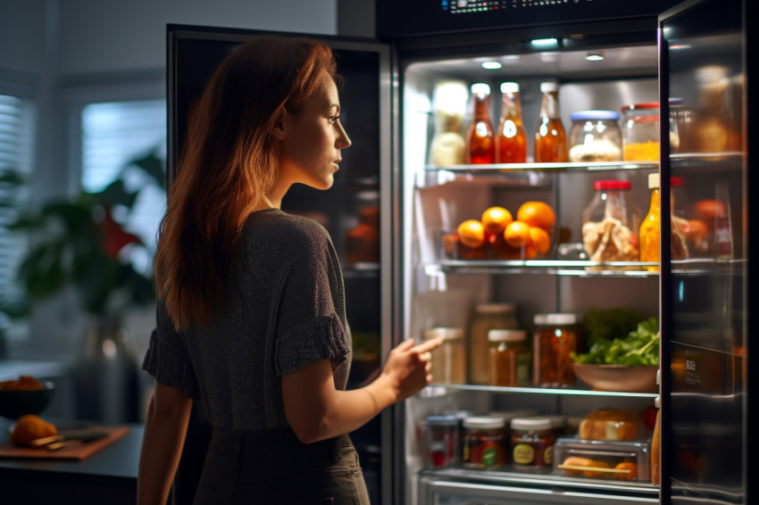 A picture of a young lady standing next to an open fridge in a k A picture of a young lady standing next to an open fridge in a k