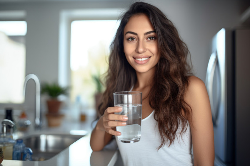 A photo of a young beautiful Latina woman holding a glass of cle A photo of a young beautiful Latina woman holding a glass of cle