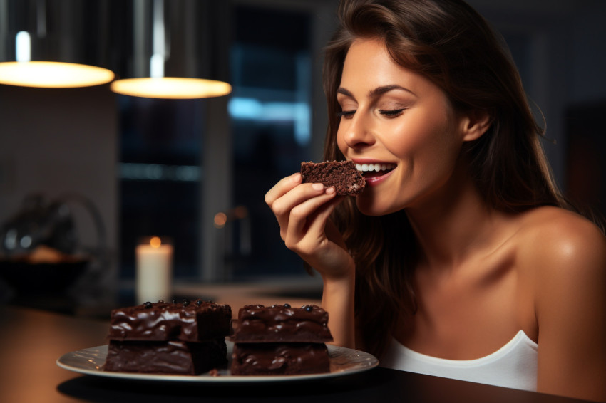 A picture of a pretty young lady eating chocolate in the kitchen A picture of a pretty young lady eating chocolate in the kitchen