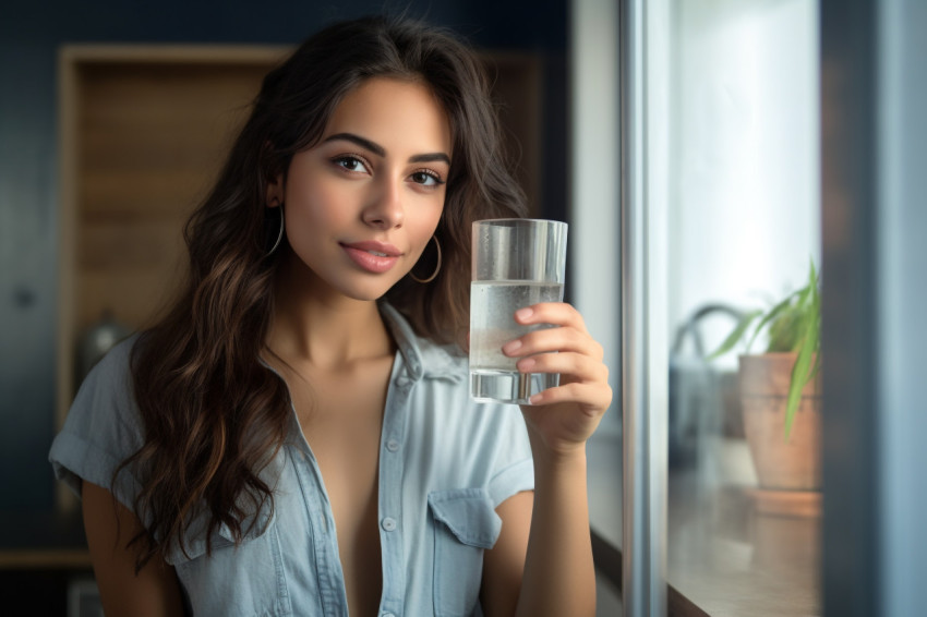 A photo of a young beautiful Latina woman holding a glass of cle A photo of a young beautiful Latina woman holding a glass of cle