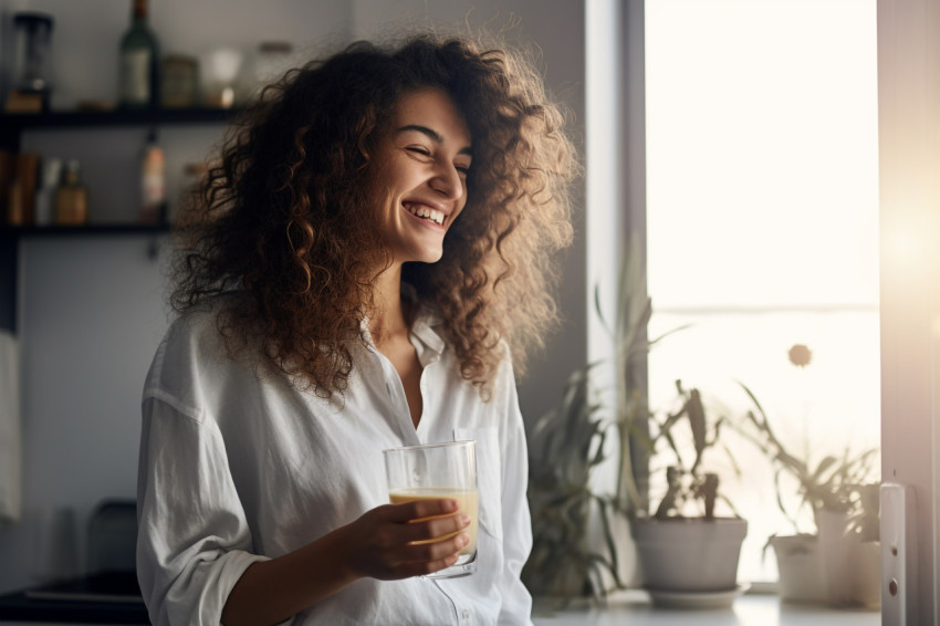 Picture of a smiling woman having a cup of tea from a glass mug Picture of a smiling woman having a cup of tea from a glass mug