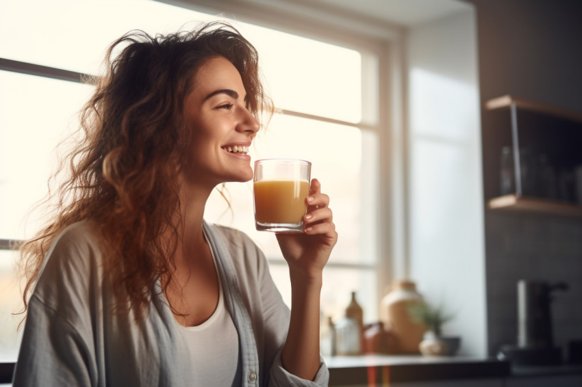 Picture of a smiling woman having a cup of tea from a glass mug Picture of a smiling woman having a cup of tea from a glass mug