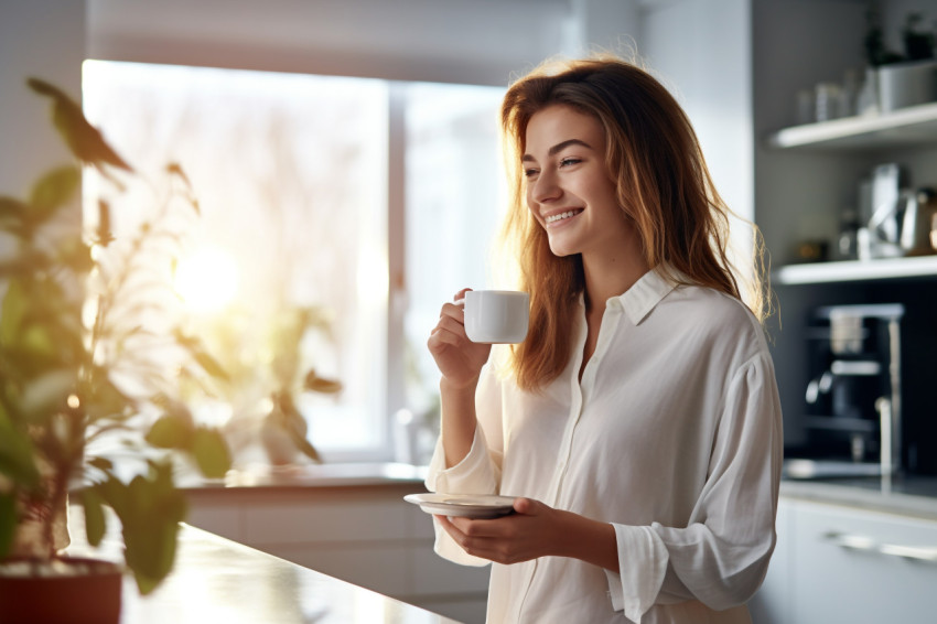 Picture of a smiling woman having a cup of tea from a glass mug Picture of a smiling woman having a cup of tea from a glass mug