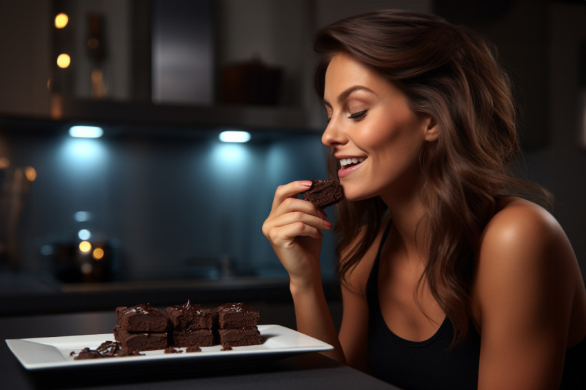 A picture of a pretty young lady eating chocolate in the kitchen A picture of a pretty young lady eating chocolate in the kitchen
