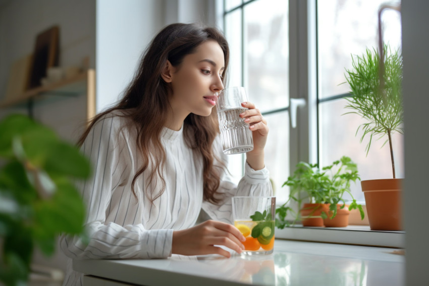 A picture of a young woman drinking water from a glass in her ki A picture of a young woman drinking water from a glass in her ki