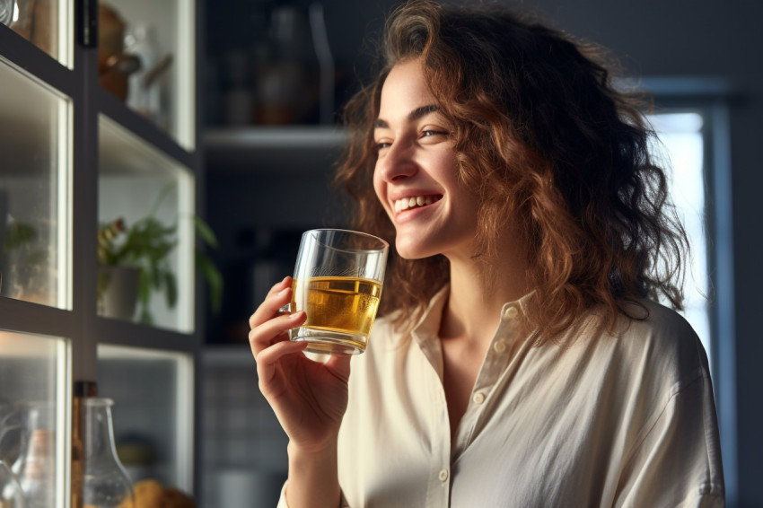 Picture of a smiling woman having a cup of tea from a glass mug Picture of a smiling woman having a cup of tea from a glass mug