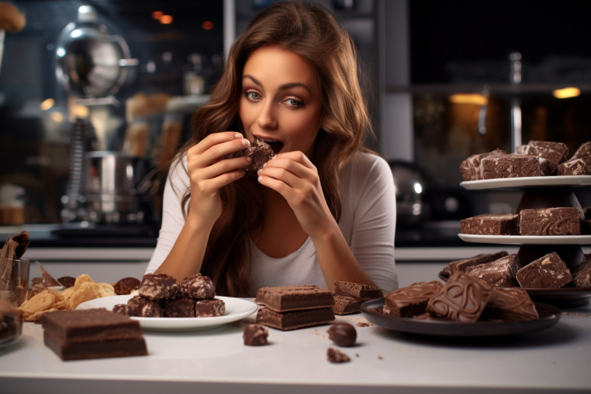 A picture of a pretty young lady eating chocolate in the kitchen A picture of a pretty young lady eating chocolate in the kitchen