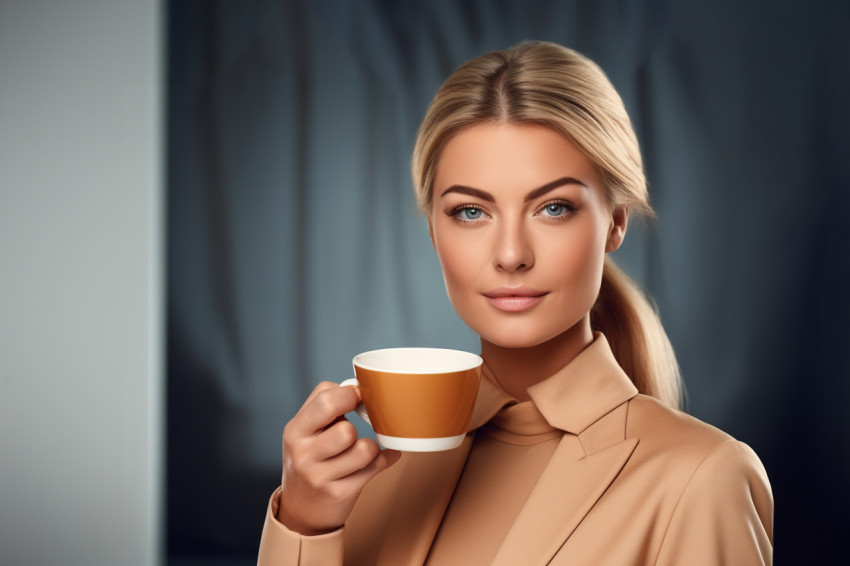 A picture of a pretty woman holding a cup of tea or coffee A picture of a pretty woman holding a cup of tea or coffee