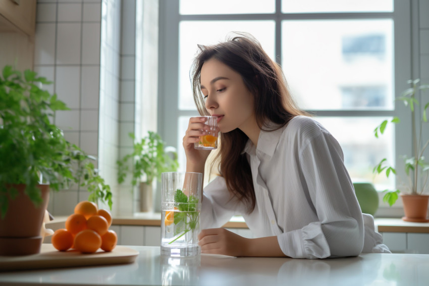 A picture of a young woman drinking water from a glass in her ki A picture of a young woman drinking water from a glass in her ki