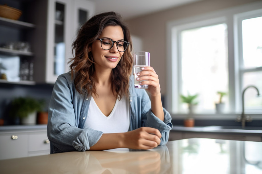 A picture of a young woman wearing glasses drinking water and us A picture of a young woman wearing glasses drinking water and us