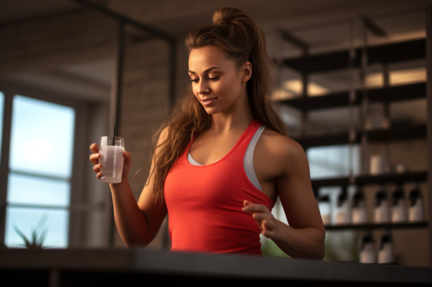Picture of a pretty young woman in workout clothes drinking a pr Picture of a pretty young woman in workout clothes drinking a pr