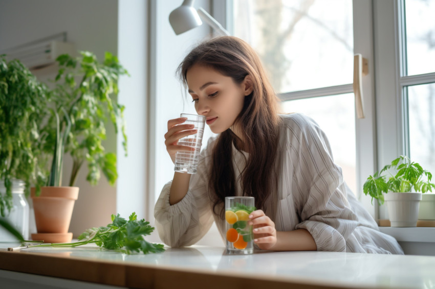A picture of a young woman drinking water from a glass in her ki A picture of a young woman drinking water from a glass in her ki