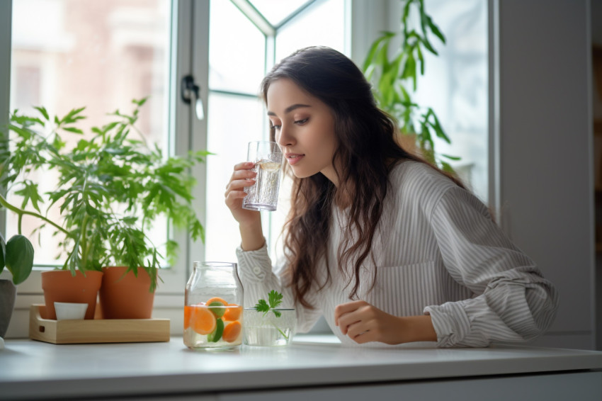 A picture of a young woman drinking water from a glass in her ki A picture of a young woman drinking water from a glass in her ki