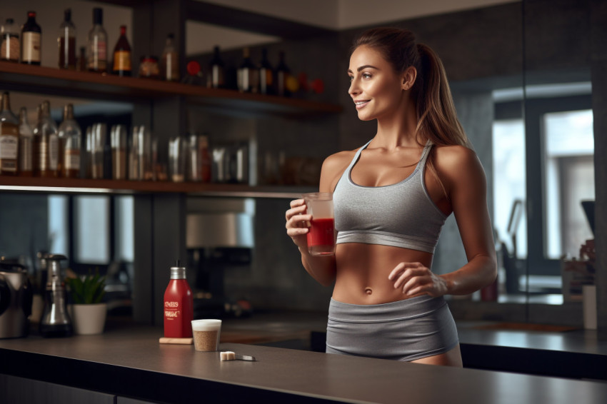 Picture of a pretty young woman in workout clothes drinking a pr Picture of a pretty young woman in workout clothes drinking a pr