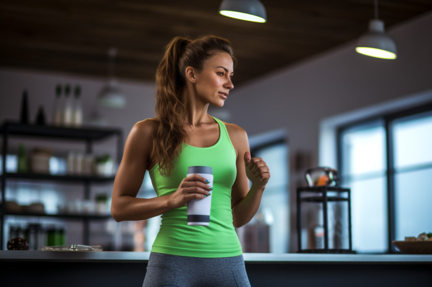 Picture of a pretty young woman in workout clothes drinking a pr Picture of a pretty young woman in workout clothes drinking a pr