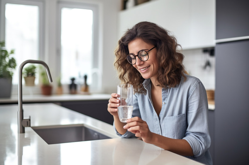 A picture of a young woman wearing glasses drinking water and us A picture of a young woman wearing glasses drinking water and us