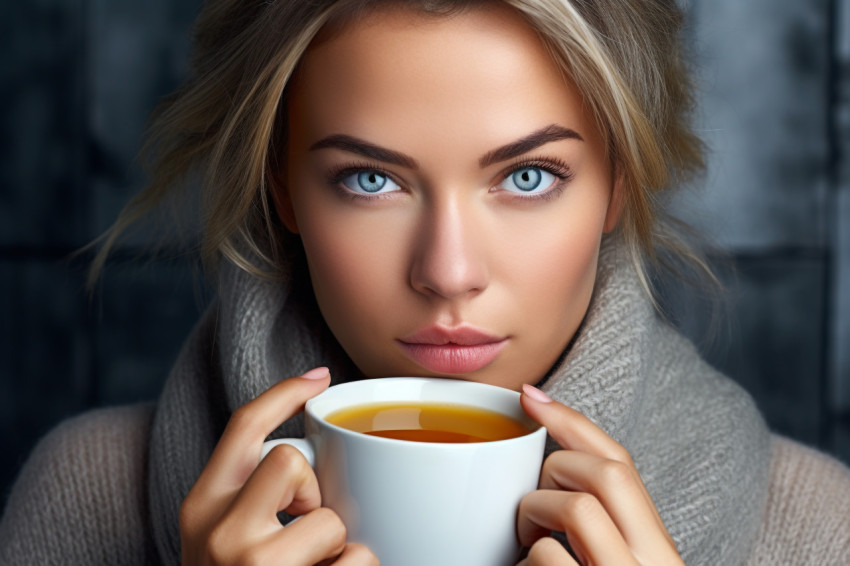 A picture of a pretty woman holding a cup of tea or coffee A picture of a pretty woman holding a cup of tea or coffee