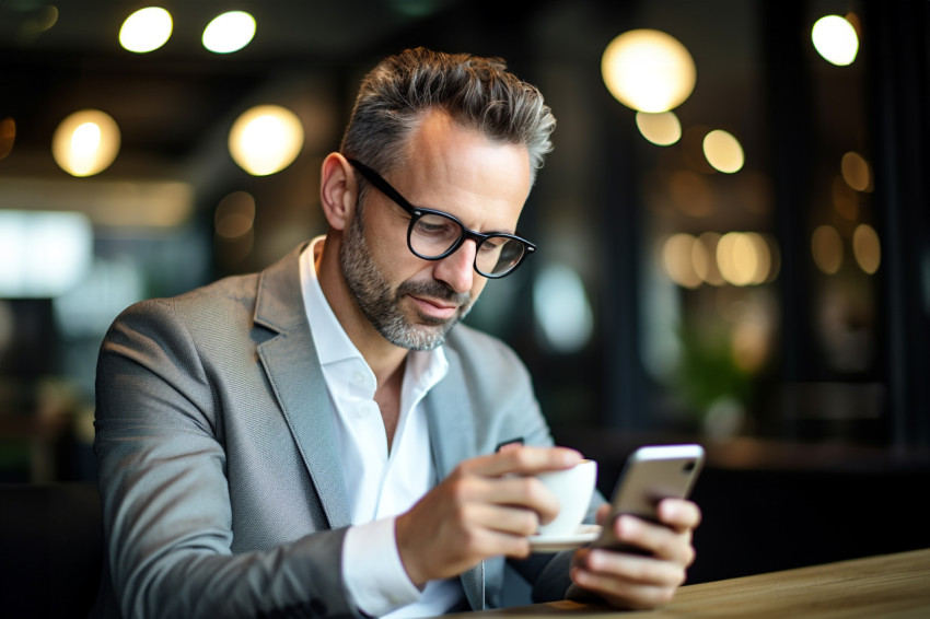 Picture of a business woman sitting in a coffee shop holding her Picture of a business woman sitting in a coffee shop holding her