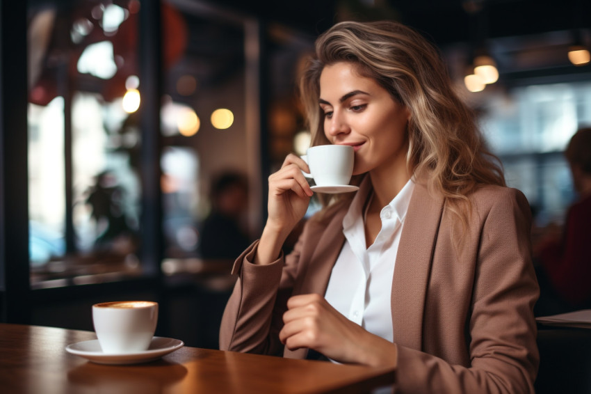 Picture of a business woman sitting in a coffee shop holding her Picture of a business woman sitting in a coffee shop holding her