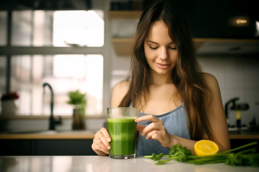 Picture of a young woman having a healthy green drink in the kit Picture of a young woman having a healthy green drink in the kit