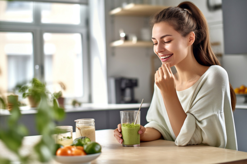 Picture of a young woman having a healthy green drink in the kit Picture of a young woman having a healthy green drink in the kit