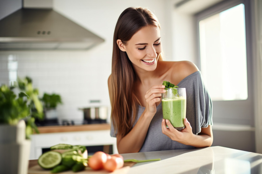 Picture of a young woman having a healthy green drink in the kit Picture of a young woman having a healthy green drink in the kit
