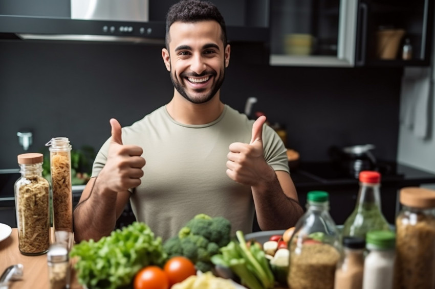 A photo of a handsome fit young Arab man in a kitchen offering h A photo of a handsome fit young Arab man in a kitchen offering h