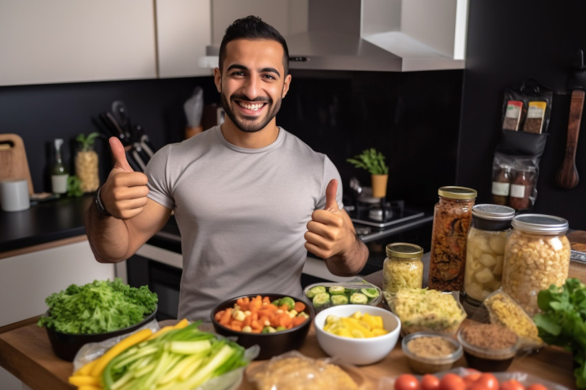 A photo of a handsome fit young Arab man in a kitchen offering h A photo of a handsome fit young Arab man in a kitchen offering h