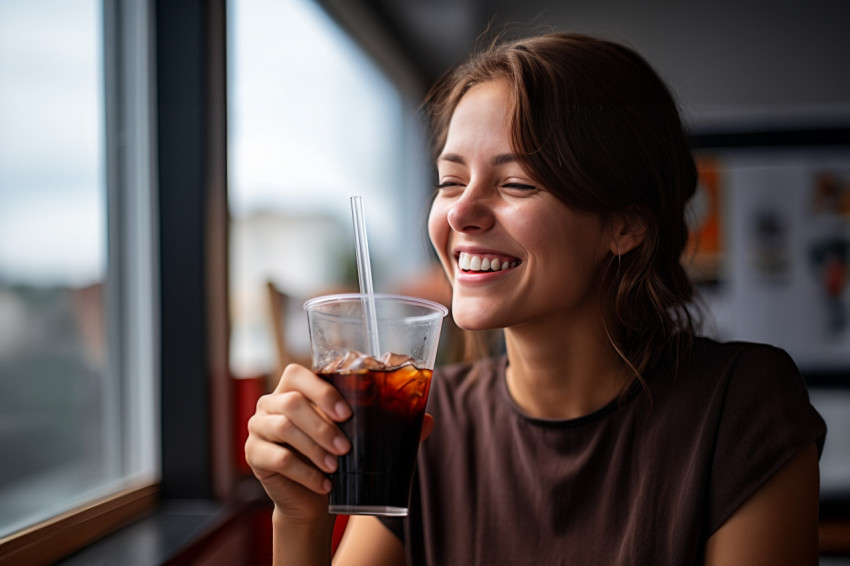 A picture of a cheerful woman enjoying a cola drink from a plast