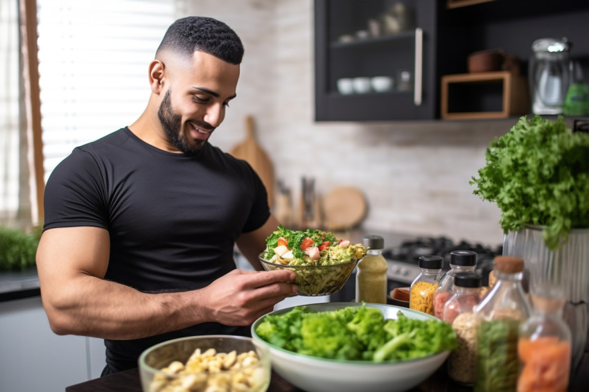 A photo of a handsome fit young Arab man in a kitchen offering h A photo of a handsome fit young Arab man in a kitchen offering h