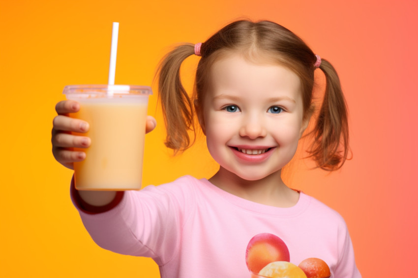 A picture of a young girl holding a glass of orange juice and po A picture of a young girl holding a glass of orange juice and po