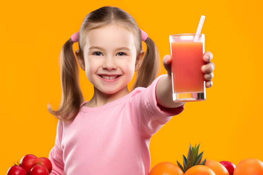 A picture of a young girl holding a glass of orange juice and po A picture of a young girl holding a glass of orange juice and po