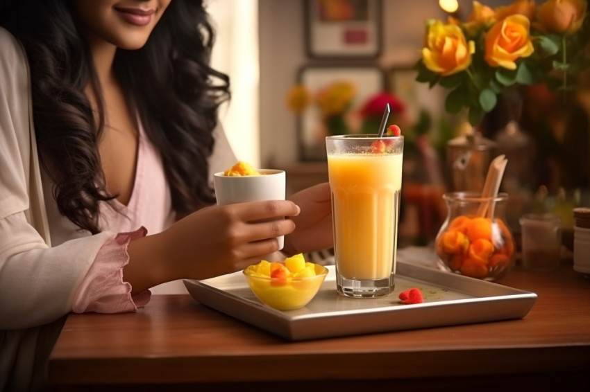 A photo of a young Indian woman using a tablet and drinking oran A photo of a young Indian woman using a tablet and drinking oran