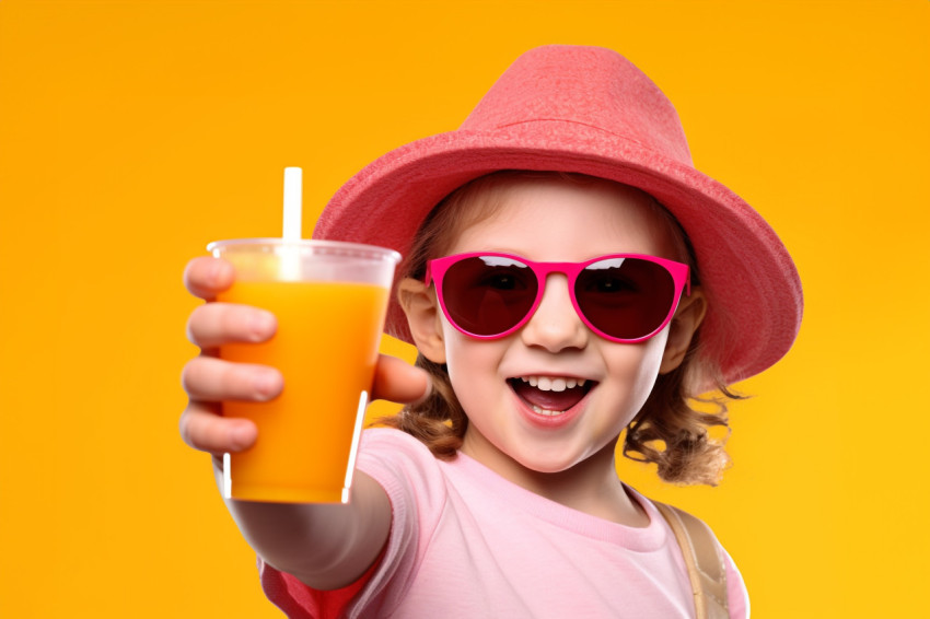 A picture of a young girl holding a glass of orange juice and po A picture of a young girl holding a glass of orange juice and po