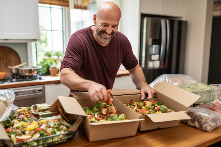 A picture of a happy man opening food he took home from a restau A picture of a happy man opening food he took home from a restau