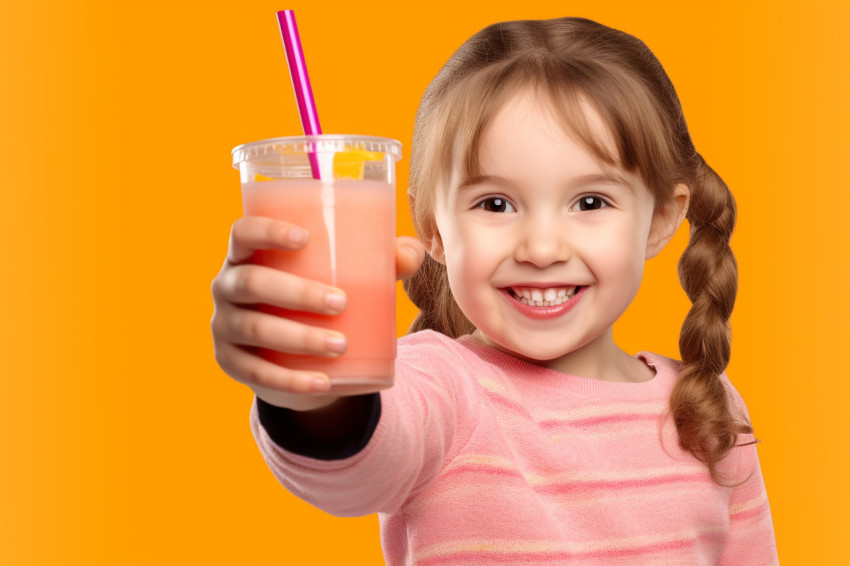 A picture of a young girl holding a glass of orange juice and po A picture of a young girl holding a glass of orange juice and po