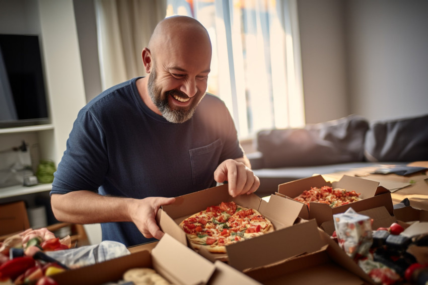 A picture of a happy man opening food he took home from a restau A picture of a happy man opening food he took home from a restau