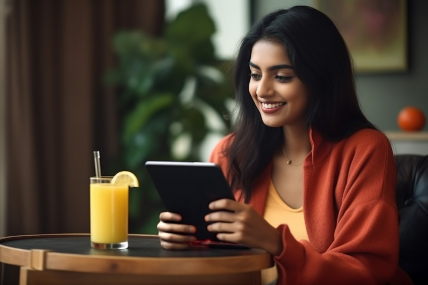 A photo of a young Indian woman using a tablet and drinking oran A photo of a young Indian woman using a tablet and drinking oran