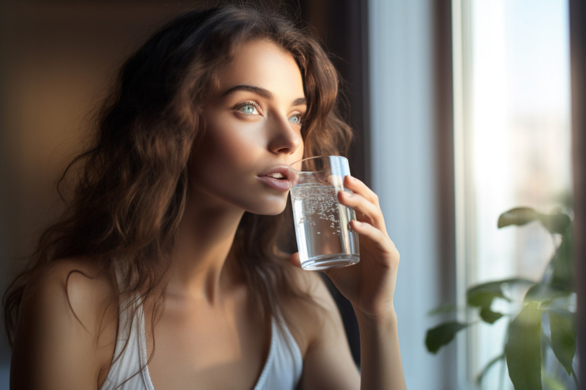 A photo of a young woman drinking water from a glass on a table A photo of a young woman drinking water from a glass on a table
