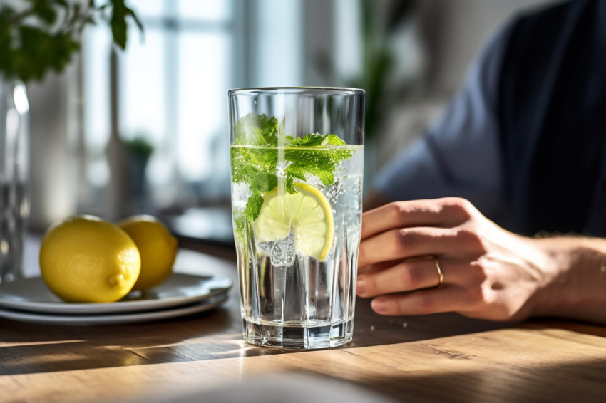 A photo of a young woman drinking water from a glass on a table A photo of a young woman drinking water from a glass on a table