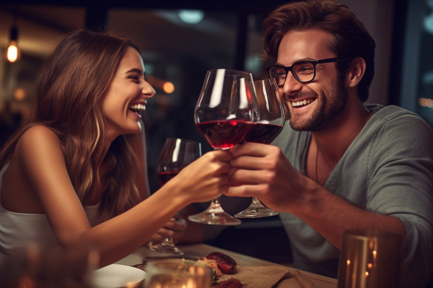 A photo of a young and happy couple clinking glasses of red wine
