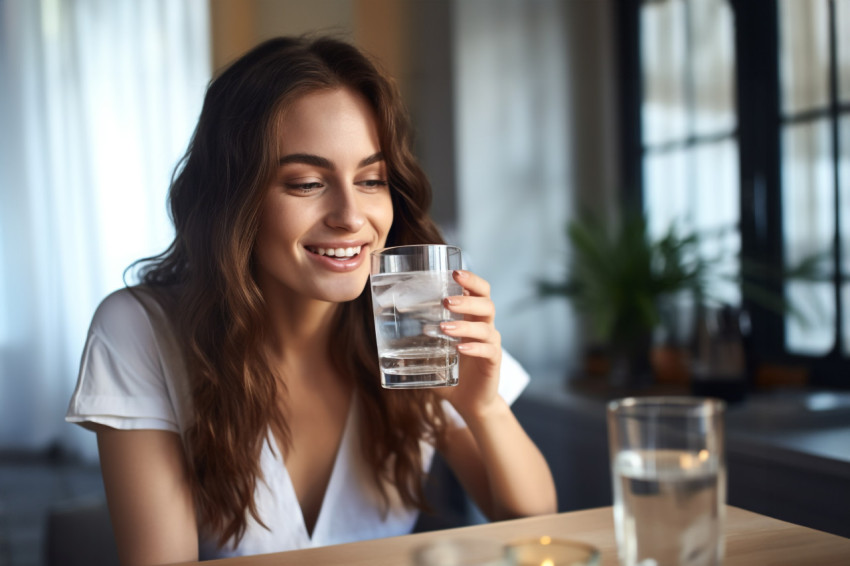 A photo of a young woman drinking water from a glass on a table A photo of a young woman drinking water from a glass on a table