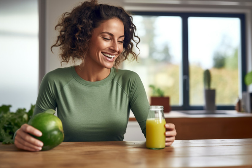 A photo of a woman drinking a green juice she made at home A photo of a woman drinking a green juice she made at home